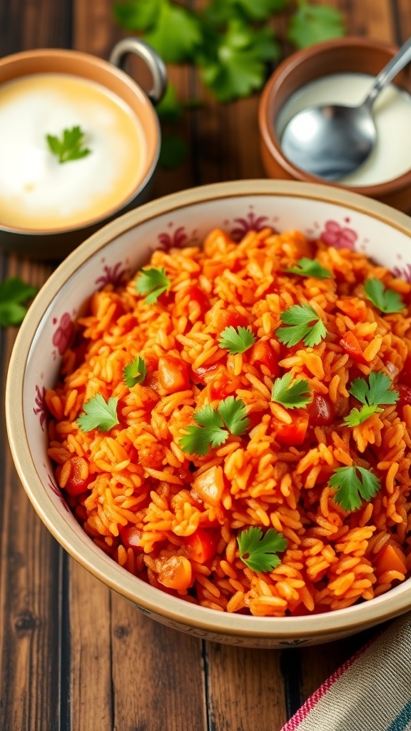 Spicy Indian Tomato Rice Recipe A bowl of spicy Indian tomato rice garnished with coriander leaves, served with yogurt on a rustic table.